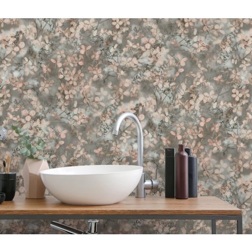 Finom ágakon nyíló varázslatos bodzavirágok a reggeli harmatban szürkésbarna szürke rózsaszín és zöldeskék tónus tapéta