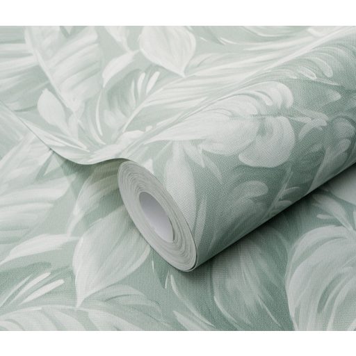 Akvarell festésű buja trópusi lombok levélzete finom fényben zöld és világoszöld tónus tapéta