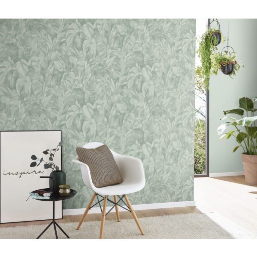 Akvarell festésű buja trópusi lombok levélzete finom fényben zöld és világoszöld tónus tapéta