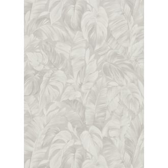   Akvarell festésű buja trópusi lombok levélzete finom fényben krémszürke törtfehér és szürke tónus tapéta