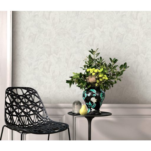 Akvarell festésű buja trópusi lombok levélzete finom fényben szürkésfehér és szürke tónus tapéta