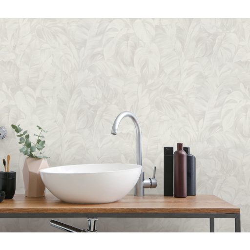 Akvarell festésű buja trópusi lombok levélzete finom fényben szürkésfehér és szürke tónus tapéta