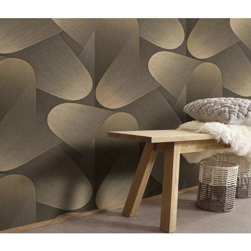 Organikus formákból építkező kortárs geometriai design bézs-barnás árnyalatok antracit és arany tónus fémes hatás tapéta