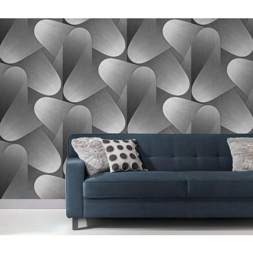 Organikus formákból építkező kortárs geometriai design világosszürke szürke antracit és ezüst tónus fémes hatás tapéta