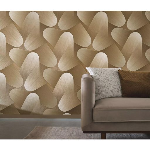 Organikus formákból építkező kortárs geometriai design bézs barna aranybarna és arany tónus fémes hatás tapéta