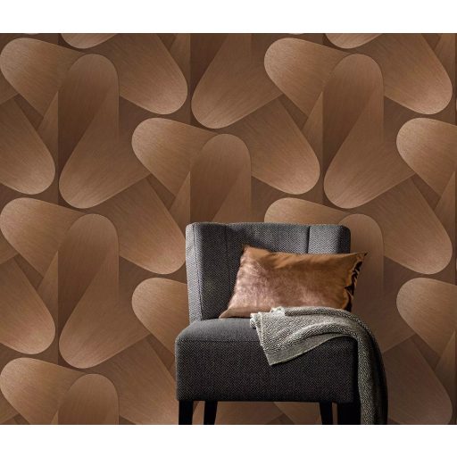 Organikus formákból építkező kortárs geometriai design meleg bronzos-mogyoróbarna tónus fémes hatás tapéta