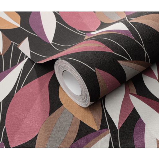 Megejtő organikus design - absztrakt kissé naív levélábrázolás fekete rózsaszín lila mályva fehér barna és szürke tónus tapéta