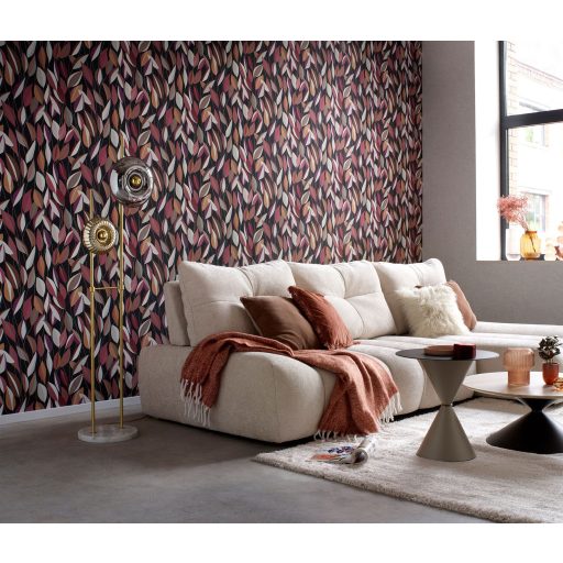 Megejtő organikus design - absztrakt kissé naív levélábrázolás fekete rózsaszín lila mályva fehér barna és szürke tónus tapéta