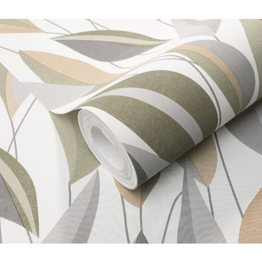 Megejtő organikus design - absztrakt kissé naív levélábrázolás krémfehér bézs szürke zöld és barna tónus tapéta