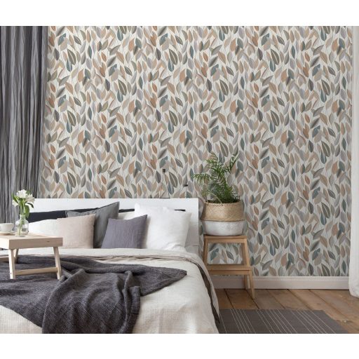 Megejtő organikus design - absztrakt kissé naív levélábrázolás krémfehér bézs szürke zöld és barna tónus tapéta