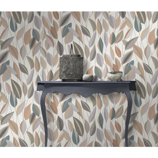 Megejtő organikus design - absztrakt kissé naív levélábrázolás krémfehér bézs szürke zöld és barna tónus tapéta