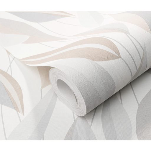 Megejtő organikus design - absztrakt kissé naív levélábrázolás pasztell tónusok - krémfehér bézs szürke és barna tapéta