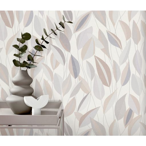 Megejtő organikus design - absztrakt kissé naív levélábrázolás pasztell tónusok - krémfehér bézs szürke és barna tapéta