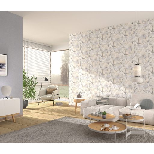 Az esztétika új dimenziója - plasztikus tájábrázolás idilli panoráma krém szürke szürkéskék és bézs tónus tapéta