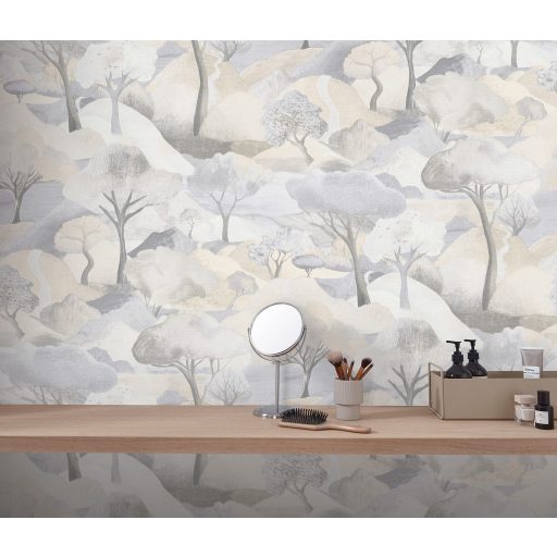 Az esztétika új dimenziója - plasztikus tájábrázolás idilli panoráma krém szürke szürkéskék és bézs tónus tapéta