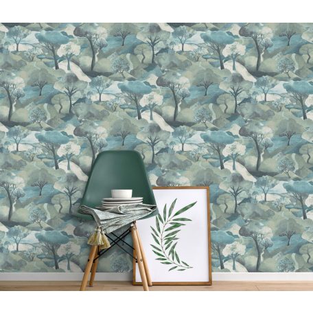 Az esztétika új dimenziója - plasztikus tájábrázolás idilli panoráma fehér zöld kék türkiz és szürke tónus tapéta