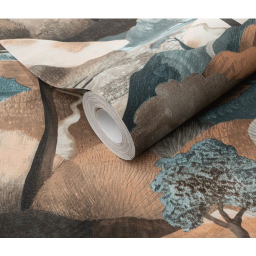 Az esztétika új dimenziója - plasztikus tájábrázolás idilli panoráma bézs barna vörösesbarna kék és szürke tónus tapéta