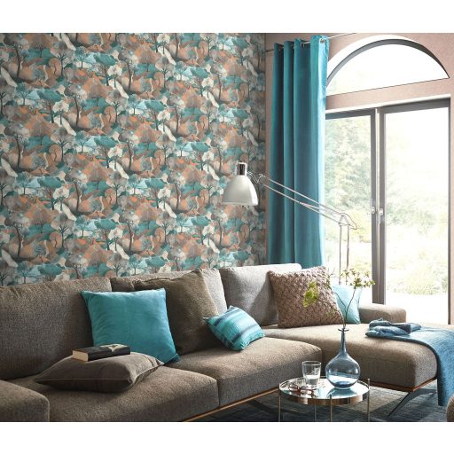 Az esztétika új dimenziója - plasztikus tájábrázolás idilli panoráma bézs barna vörösesbarna kék és szürke tónus tapéta