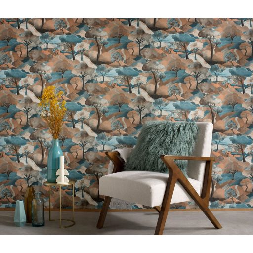 Az esztétika új dimenziója - plasztikus tájábrázolás idilli panoráma bézs barna vörösesbarna kék és szürke tónus tapéta