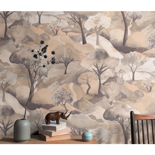 Az esztétika új dimenziója - plasztikus tájábrázolás idilli panoráma meleg földszínek - bézs barna szürke és vörösesbarna tapéta