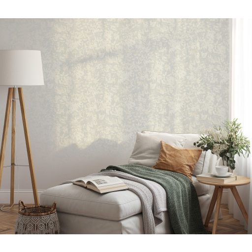 Árnyalt foltszerűen ábrázolt grafikus levélmintázat törtfehér és szürke/világosszürke tónus tapéta