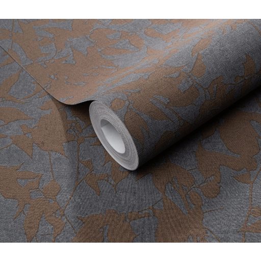 Árnyalt foltszerűen ábrázolt grafikus levélmintázat szürke/sötétszürke és barna/vörösesbarna/rézbarna tónus tapéta