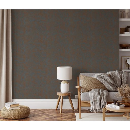 Árnyalt foltszerűen ábrázolt grafikus levélmintázat szürke/sötétszürke és barna/vörösesbarna/rézbarna tónus tapéta