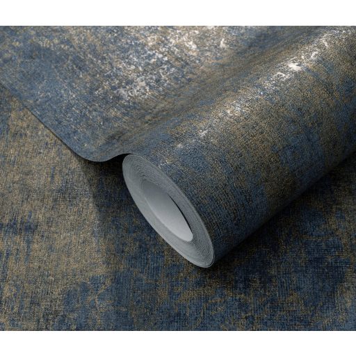 Loft stílusú koptatott beton mintázat kék és fémes arany tónus fényes mintarészletek tapéta