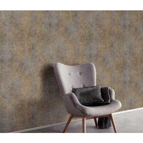 Loft stílusú koptatott beton mintázat szürke antracit aranysárga és aranybarna tónus fényes mintarészletek tapéta