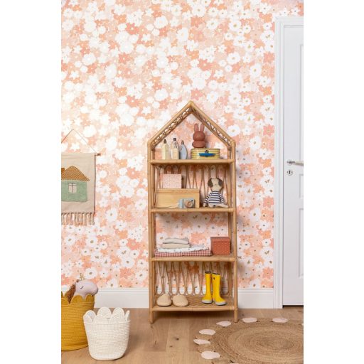 Még több virágfelhőt alkotó kis virág krémfehér bézs babarózsaszín és fémes arany tónus tapéta