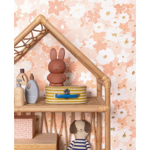 Még több virágfelhőt alkotó kis virág krémfehér bézs babarózsaszín és fémes arany tónus tapéta