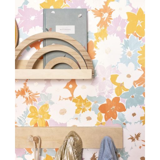 Még több virágfelhőt alkotó kis virág krémfehér türkizkék sokszínű tónus és fémes arany tónus tapéta