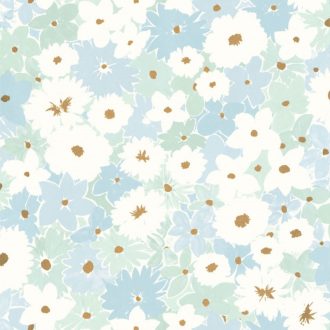   Még több virágfelhőt alkotó kis virág kék fehér zöld és fémes arany tónus tapéta