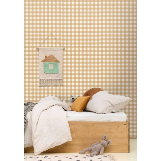 Friss és trendi gingham kockás természetes szövetminta krémfehér barna és sárgásbarna tónus tapéta