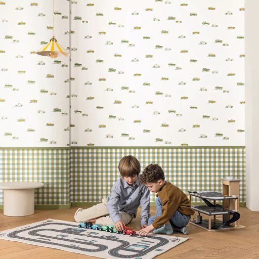 Friss és trendi gingham kockás természetes szövetminta krémfehér khakizöld és porszürke/kék tónus tapéta