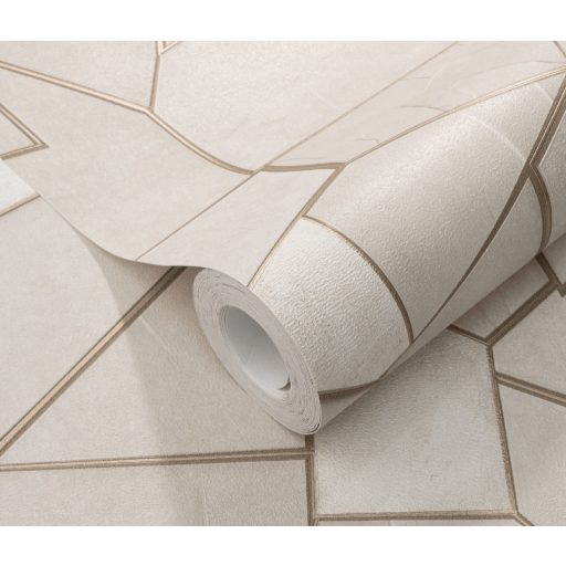 Mozaikszerűen összeállított háromdimenziós geometriai minta bézs világosbarna és aranybarna tónus tapéta