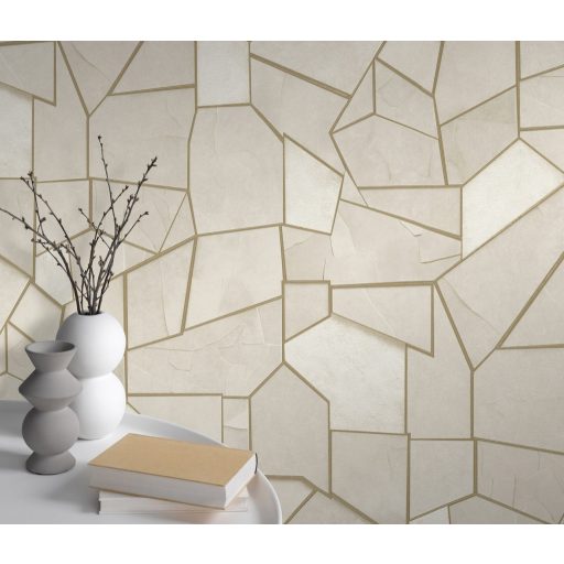 Mozaikszerűen összeállított háromdimenziós geometriai minta bézs világosbarna és aranybarna tónus tapéta