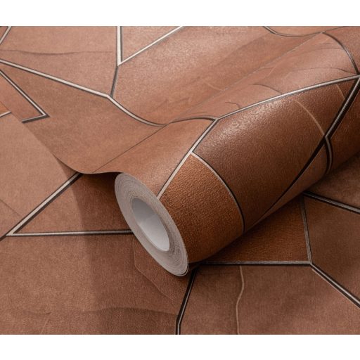 Mozaikszerűen összeállított háromdimenziós geometriai minta sárgás/vörösesbarna/terrakotta tónus tapéta