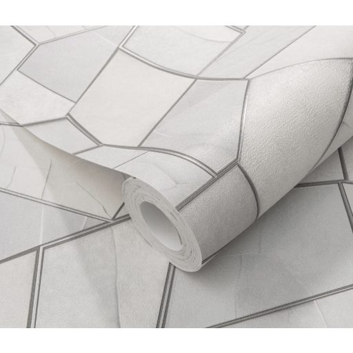 Mozaikszerűen összeállított háromdimenziós geometriai minta szürke világosszürke és ezüstszürke tónus tapéta