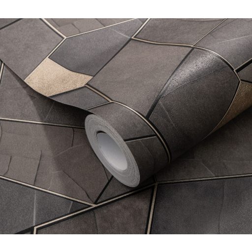 Mozaikszerűen összeállított háromdimenziós geometriai minta sötétszürke szürkésbarna és arany/bézsarany tónus tapéta