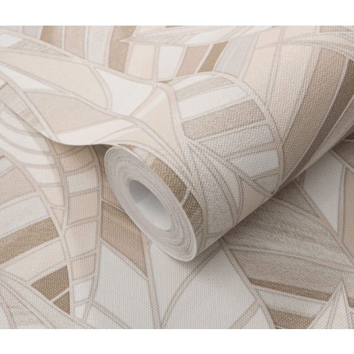 Színátmenetekkel tarkított modern absztrakt levélmotívum struktuált háttéren natur tónusok - krém bézs barna - tapéta