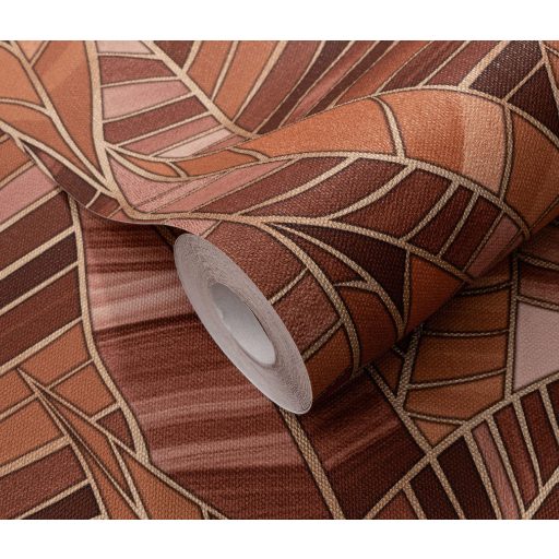 Színátmenetekkel tarkított modern absztrakt levélmotívum struktuált háttéren barna terrakotta sárgásbarna és rózsaszín tónus tapéta