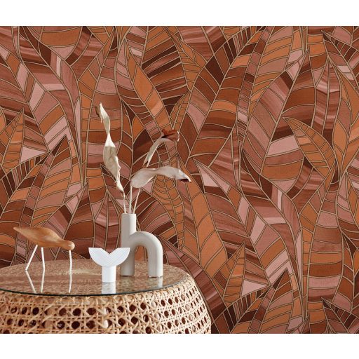 Színátmenetekkel tarkított modern absztrakt levélmotívum struktuált háttéren barna terrakotta sárgásbarna és rózsaszín tónus tapéta