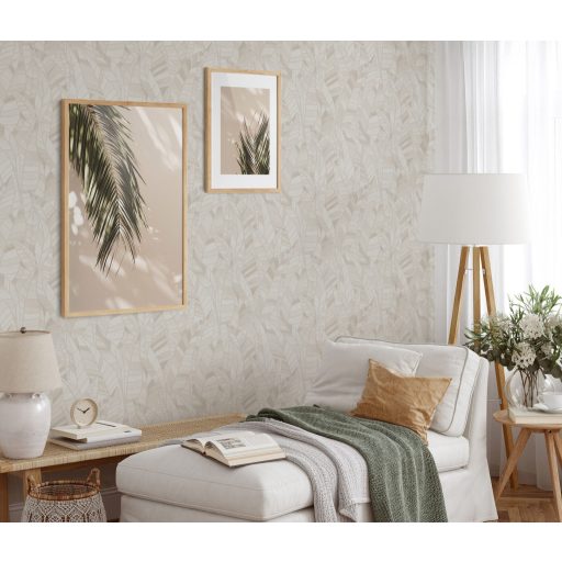 Színátmenetekkel tarkított modern absztrakt levélmotívum struktuált háttéren krém krémszürke és bézs tónus tapéta