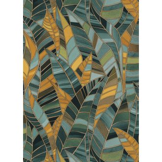   Színátmenetekkel tarkított modern absztrakt levélmotívum struktuált háttéren zöld türkiz aranysárga és sokszínű tónus tapéta