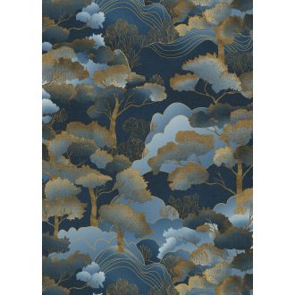   Keleties hatású stilizált erdei táj panorámája kék felhőkék barna aranybarna és szürkéskék tónus tapéta