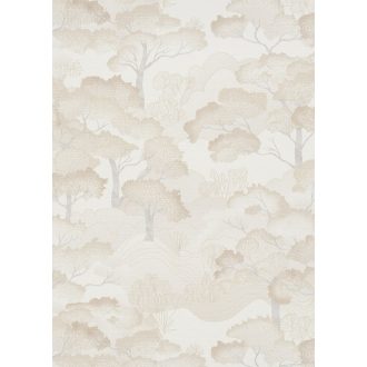   Keleties hatású stilizált erdei táj panorámája krém bézs és világosszürke tónus tapéta