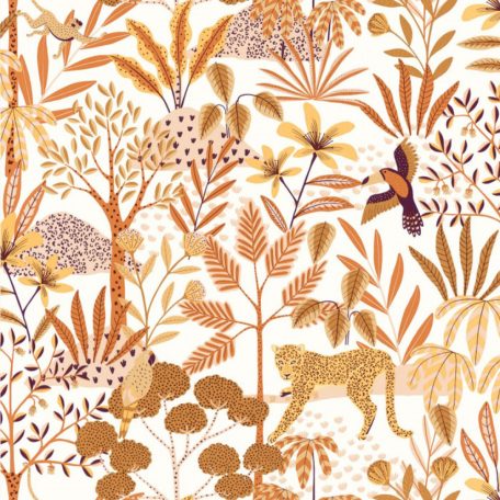 Intenzív szavannai életkép - leopárdok és madarak a dús faunában fehér antik rózsaszín sárga narancs és fémes arany tónus tapéta