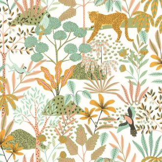   Intenzív szavannai életkép - leopárdok és madarak a dús faunában fehér zöld sárga sokszínű és fémes arany tónus tapéta