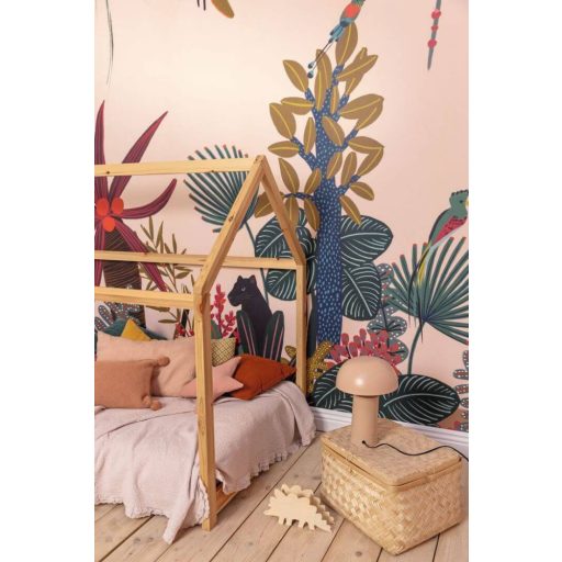 Megkapó trópusi panoráma fekete párduccal óriási levelekkel liánokkal és szines virágokkal krém/bézs és sokszínű tónus "L" falpanel